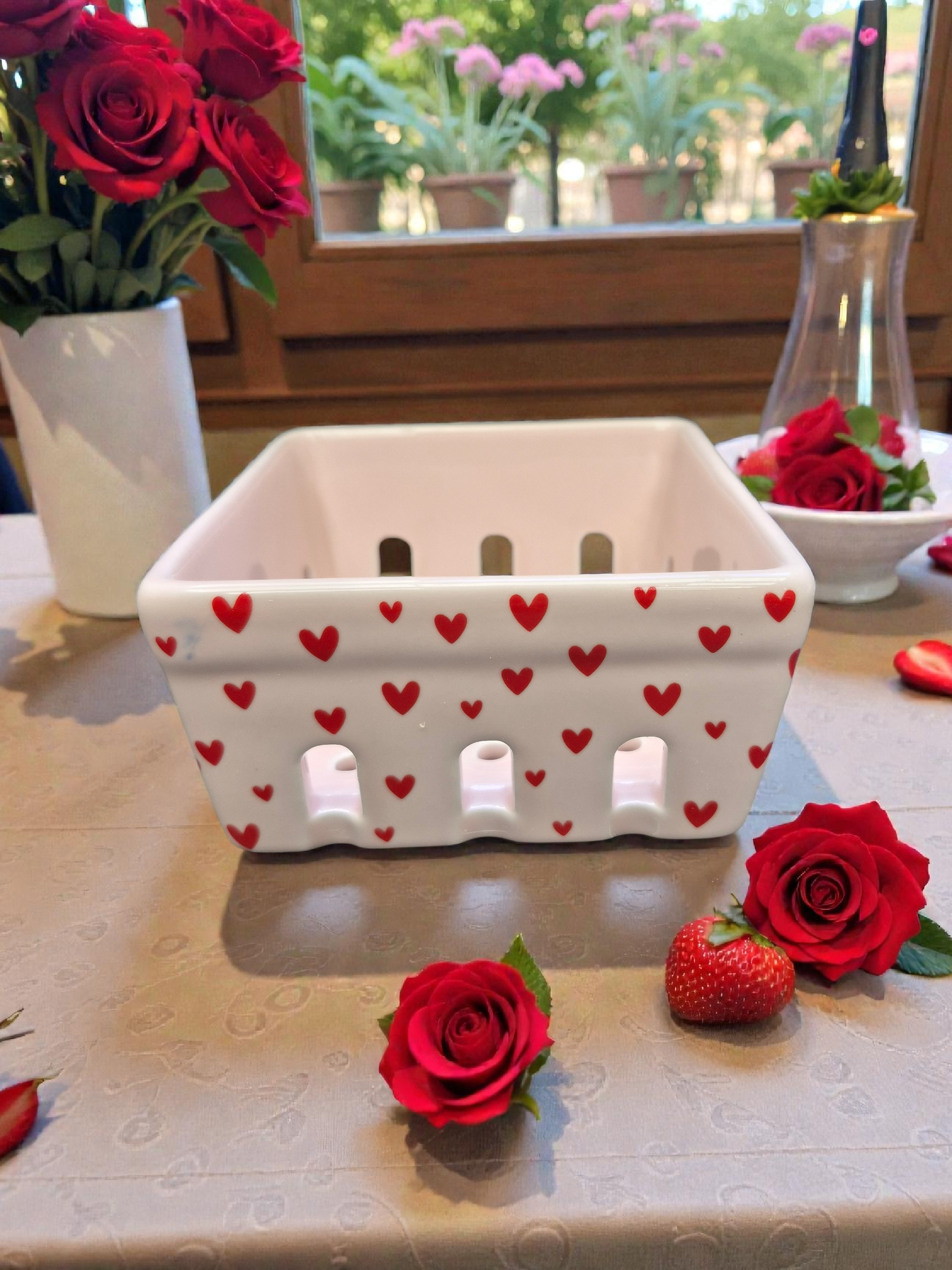 Pink Heart Ceramic Berry Basket